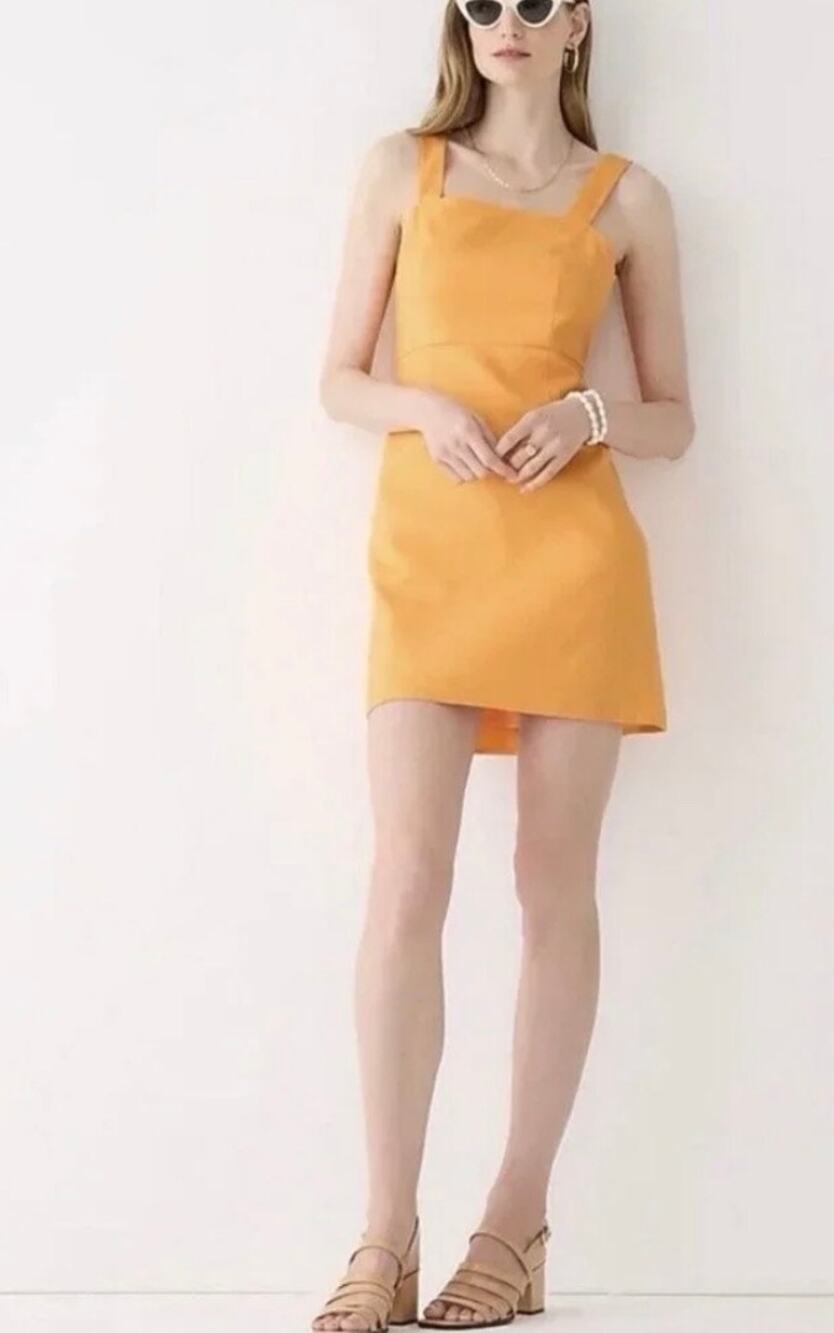 J.Crew Squareneck A-Line Dress Womens 2 Orange Excellent Stretch Linen Mini